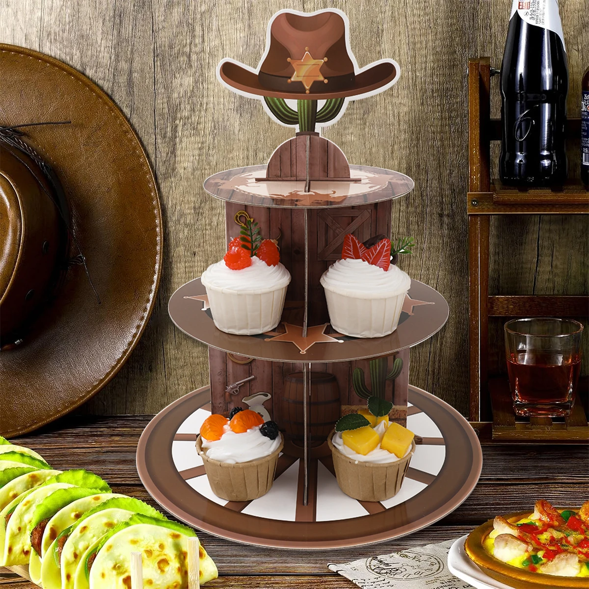 West Cowboy 3-Tier Paper Cake Stand West Cowboy Happy Birthday Party Decor Kids Cake Decoartions Boys Girls Baby Shower Supplies