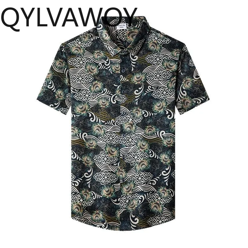 QYLVAWOY Men's Shirts Thin Printed 92.5% Real Mulberry Silk Shirts Menswear Clothing Short Sleeve Summer Tops Casual Fashion