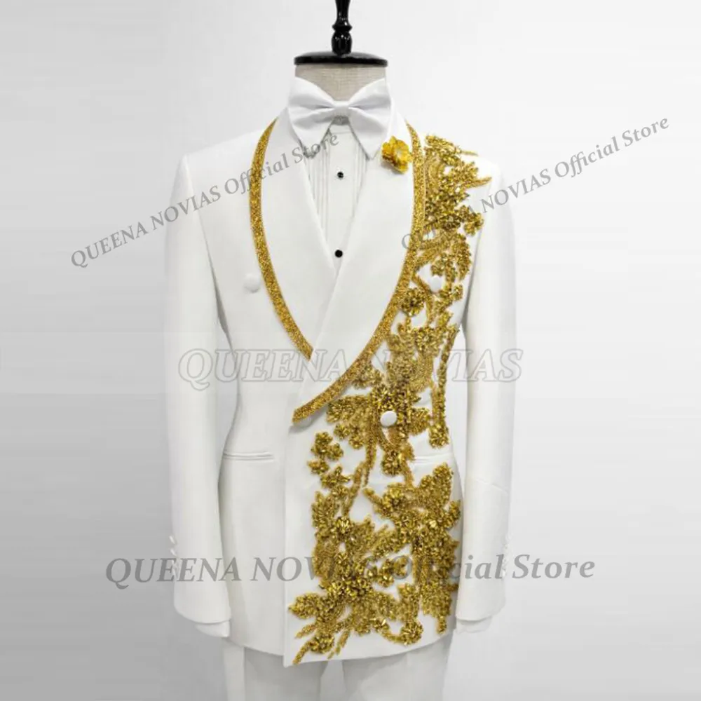 Exclusive Groom Wedding Suits Gold Embroidered Beaded Prom Blazers Customized Man Banquet Red Carpet Tuxedos 2 Piece Set Attires