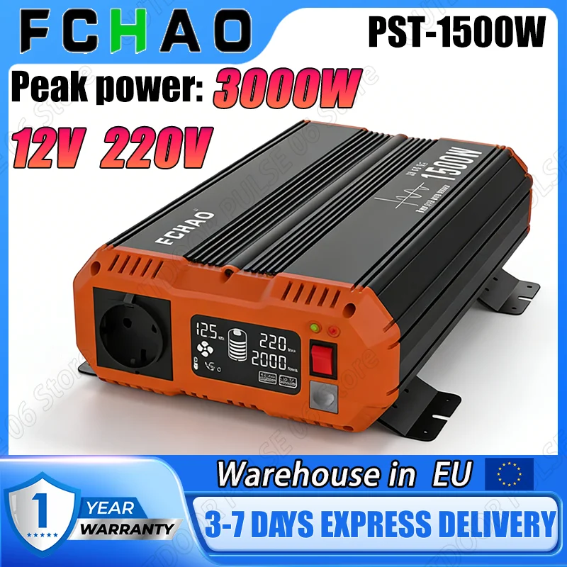 FCHAO 1500 Watt 50Hz Wechselrichter EU-Stecker DC 12V zu AC 220V/230V Reiner Sinuswellen-Wechselrichter für den Heimgebrauch, Wohnmobile und Outdoor-Reisen