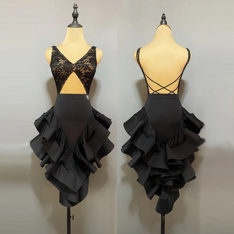 New Latin Dance Costume Adult Professional Competition Dresses Women Samba Training Wear Black Performance Fishbone Dress XH2895