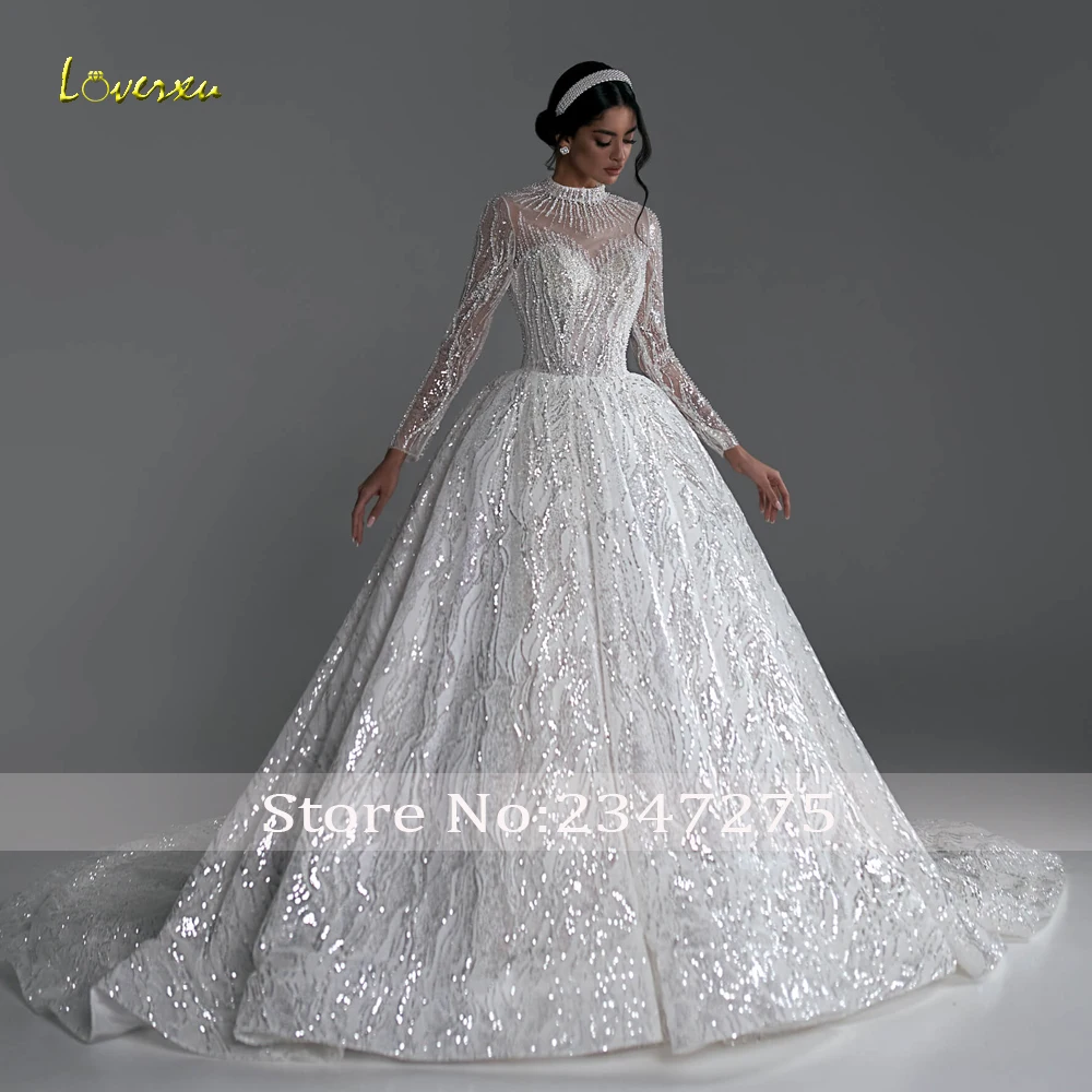 Loverxu Ball Gown abiti da sposa Vintage 2023 collo alto manica lunga abito da sposa pizzo paillettes lucido corte treno Robe De Mariee