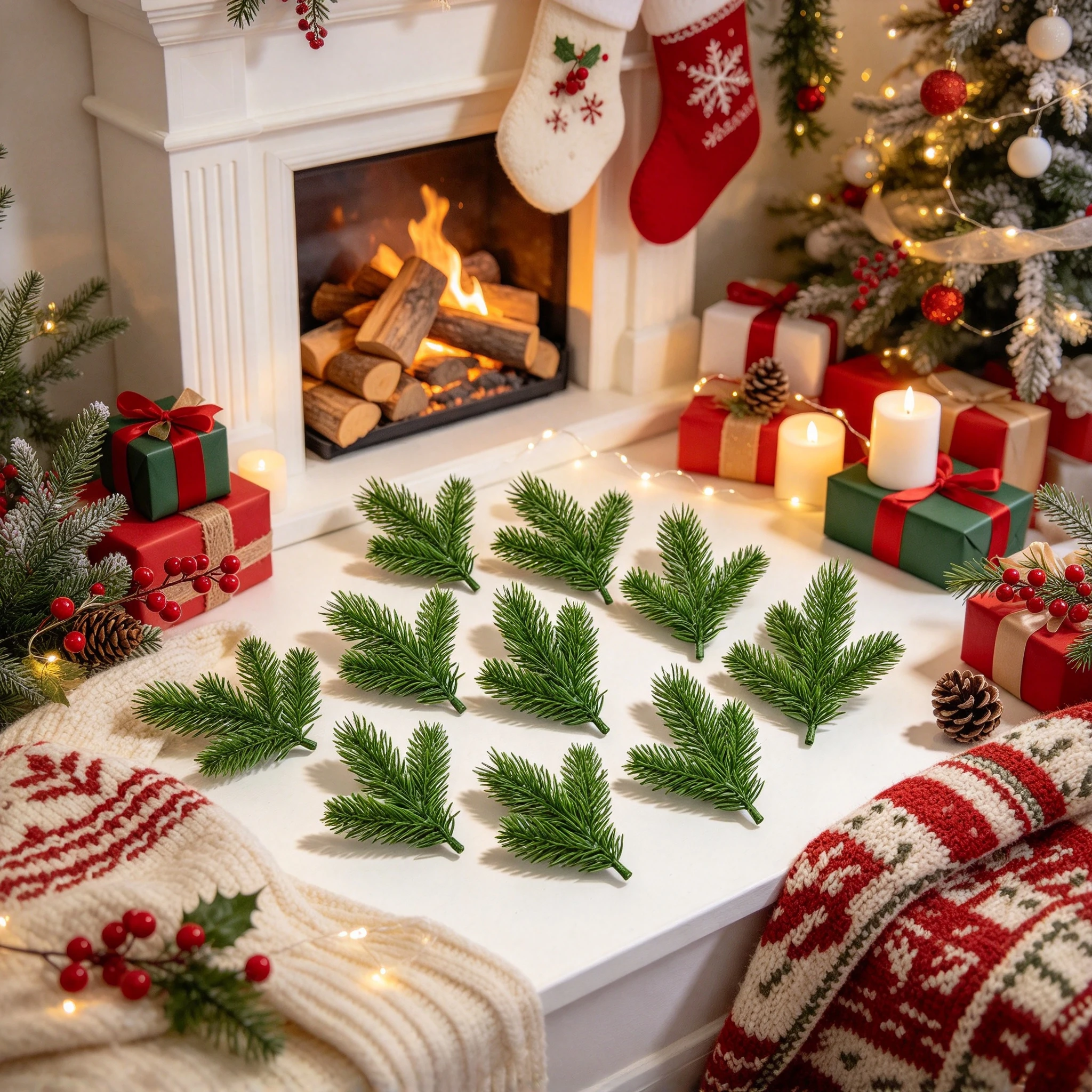 30/60 Pcs Artificial Plants Pine Needle Christmas Tree Fillers Decora Home Table Vase Wreaths Outdoor Ornament Hanging DIY Gifts