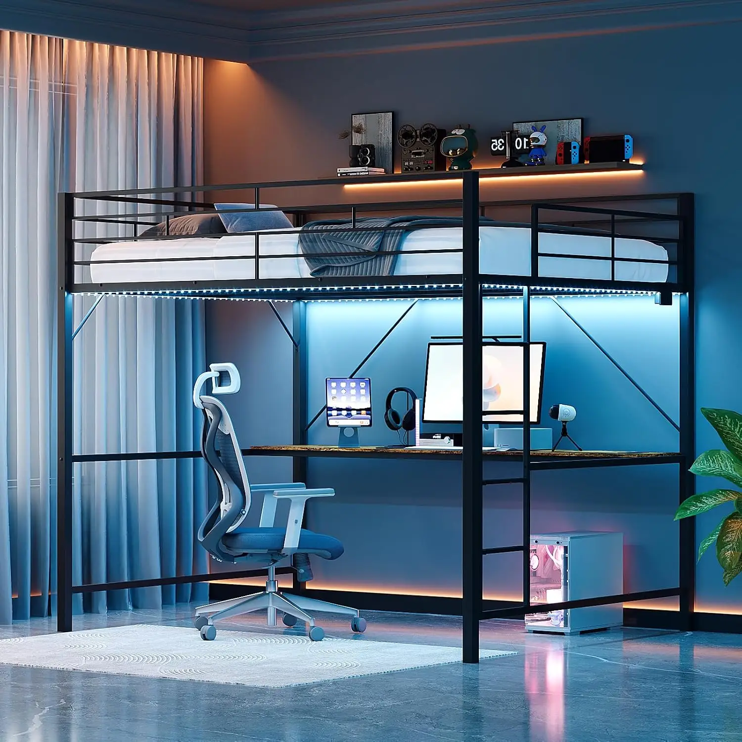 Queen Loft Bed with 15 Inch Guardrail,Led Lights and Desk Underneath, Industrial Metal High Sleeper with 2 Charging, Customized - view 2