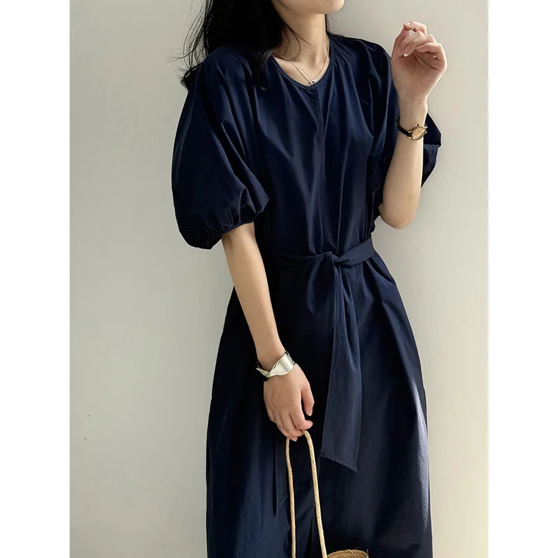 QICHE Women Puff Sleeve Long Dress 2026 Summer Lazy Vibe Casual Dress Tie Waist Slim Fit Maxi Dress
