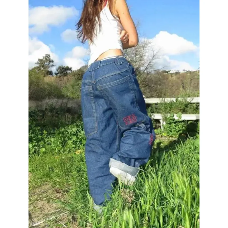 

Vintage Big Pocket Baggy Blue Jeans Women Casual Fashion High Waist Letter Pattern Trousers Harajuku Wide Leg Straight Pants