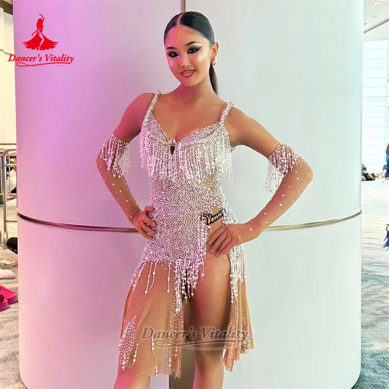 Child Latin Dance Sleeveless Dress Customized Adult Women Jive Samba Perform&Contest Sexy High Split Clothing Dancer's Vitality