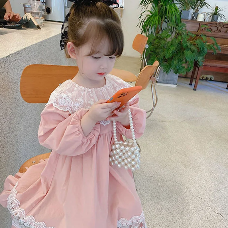 2024Autumn Long Sleeve Girl Princess Dress New Children Korean Style Western Style Lace Dress