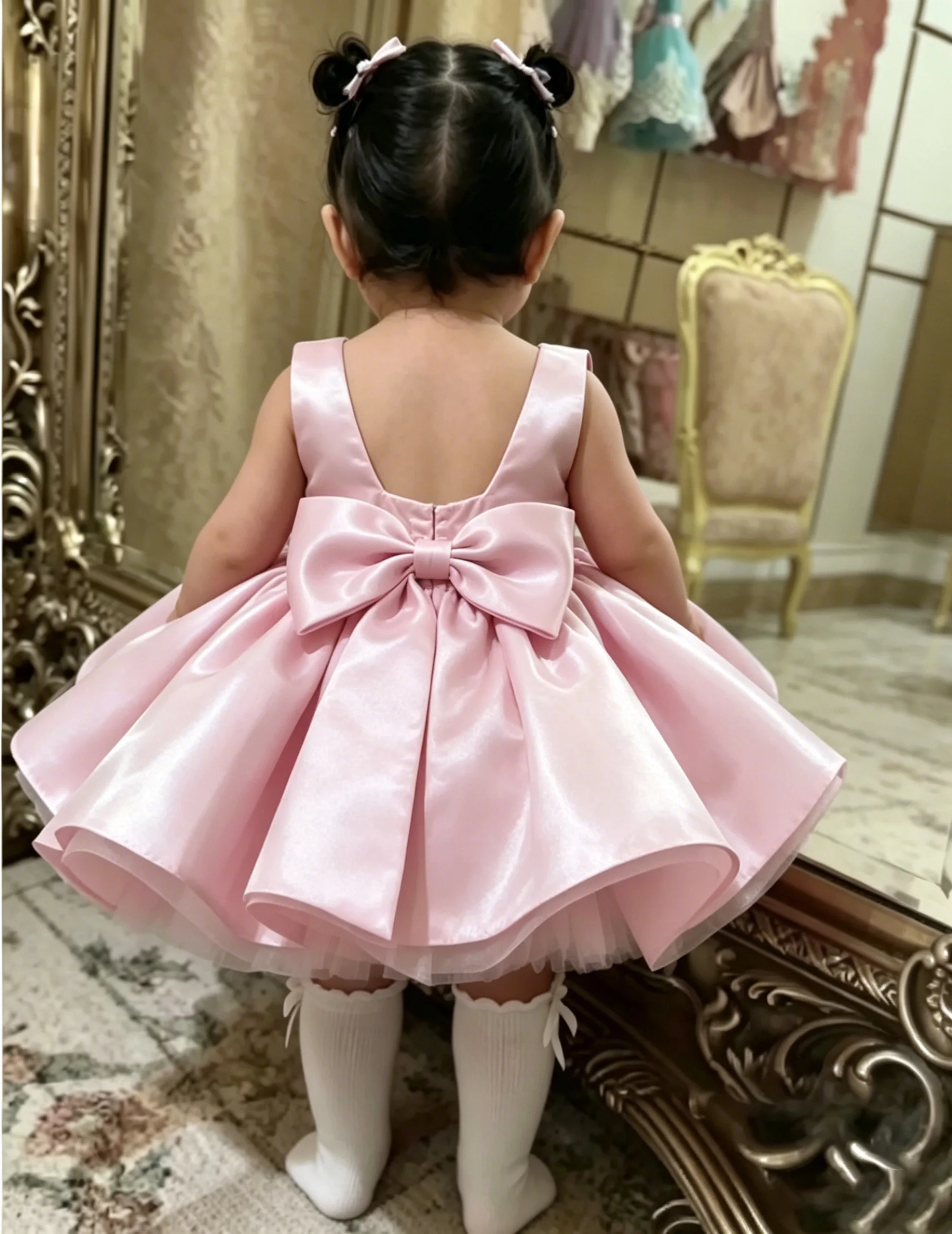 Satin Girl Birthday Party Dress Spaghetti Straps A Line Bows Kid Flowers Dress First Birthday Party Dress Infant Flower Girl