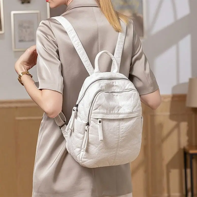 Mochila de piel sintética para mujer, bolso de hombro de cuero suave, de doble capa, de viaje, escolar