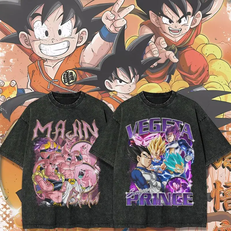 

Washed and Old Retro Animation Seven Dragon Balls Sun Wukong Pure Cotton T-shirt Two-dimensional Summer Student Loose T-shirt