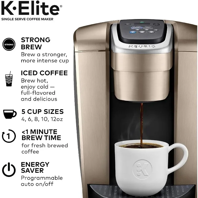 Keurig K-Elite Single Serve K-Cup Pod Coffee Maker, with Strength and Temperature Control, 8 to 12oz Brew Size, Brushed Gold