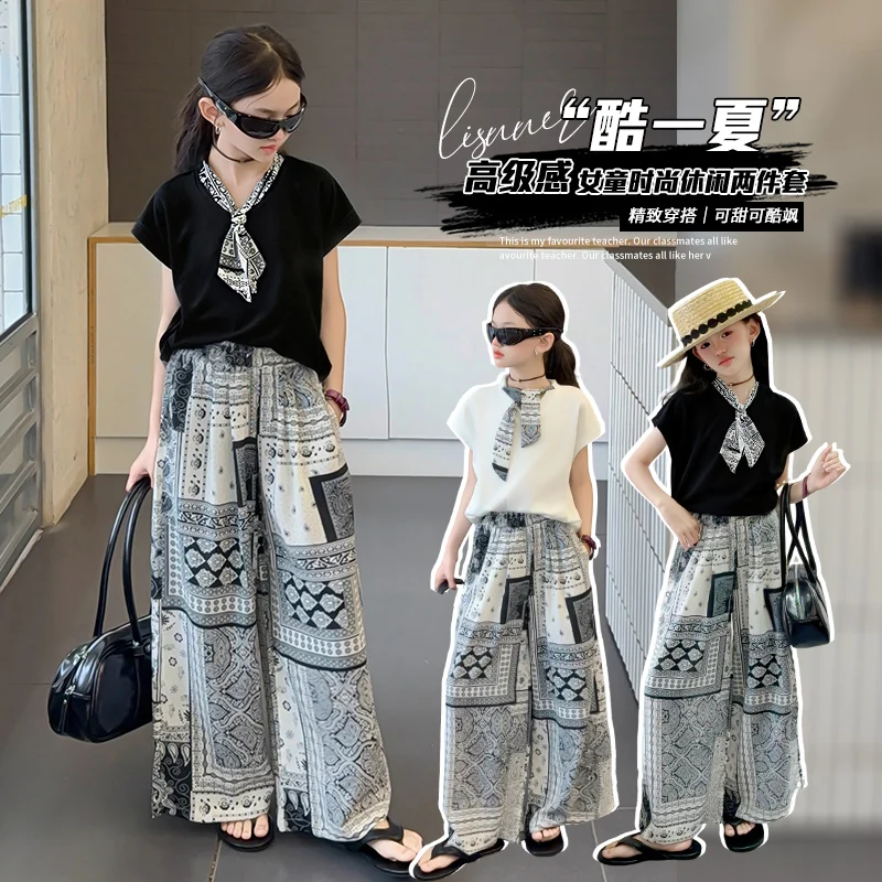 Girls 2-Piece Tee And Pants Outfit Size 6-14Y Black/White Summer Holiday Casual Loose Clothing Set for Children Cool and Fashion