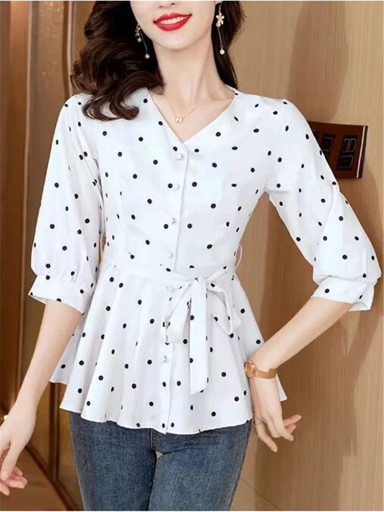 New Wave Dot Blouses Lace Up Slim Shirt For Women Summer Tops Medium Length Shirt Button Cardigan Top Grace Feminine Shirts