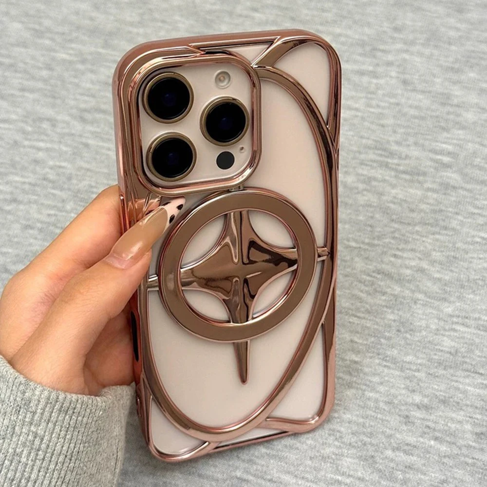 Fashion Plating 3D Hollow Cross Star Magnetic Phone Case For iPhone 16 15 14 13 12 11 Pro Max Plus Heat Dissipation Glossy Cover