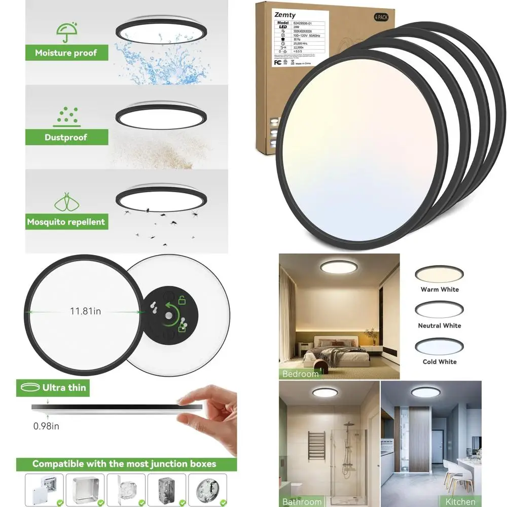 

12 Inch LED Ceiling Light, 28W 3200 Lumens Slim Flush Mount, Adjustable 3000K-6000K, Ideal for Home Rooms (Black)