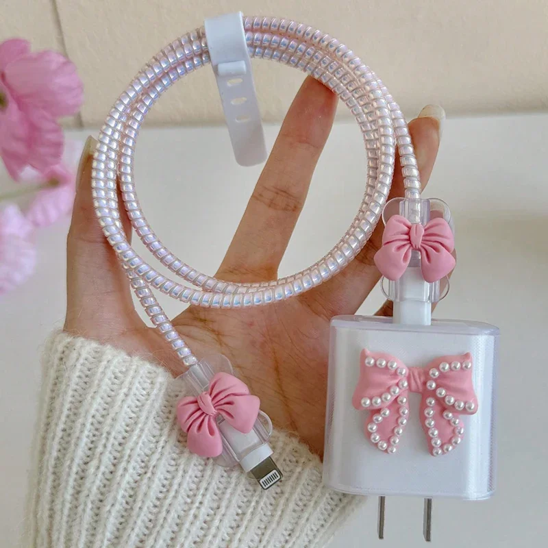 Cute Pink Bowknot Transparent Silicone Charger Case for Apple IPhone 18/20W Charging Cable Protective Cover Sleeve Wire Winder