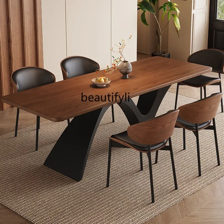 

Vintage Style Solid Wood Dining Table for Home Use, Small Apartment French Retro Walnut Color Ash Wood Rectangular Dining Table