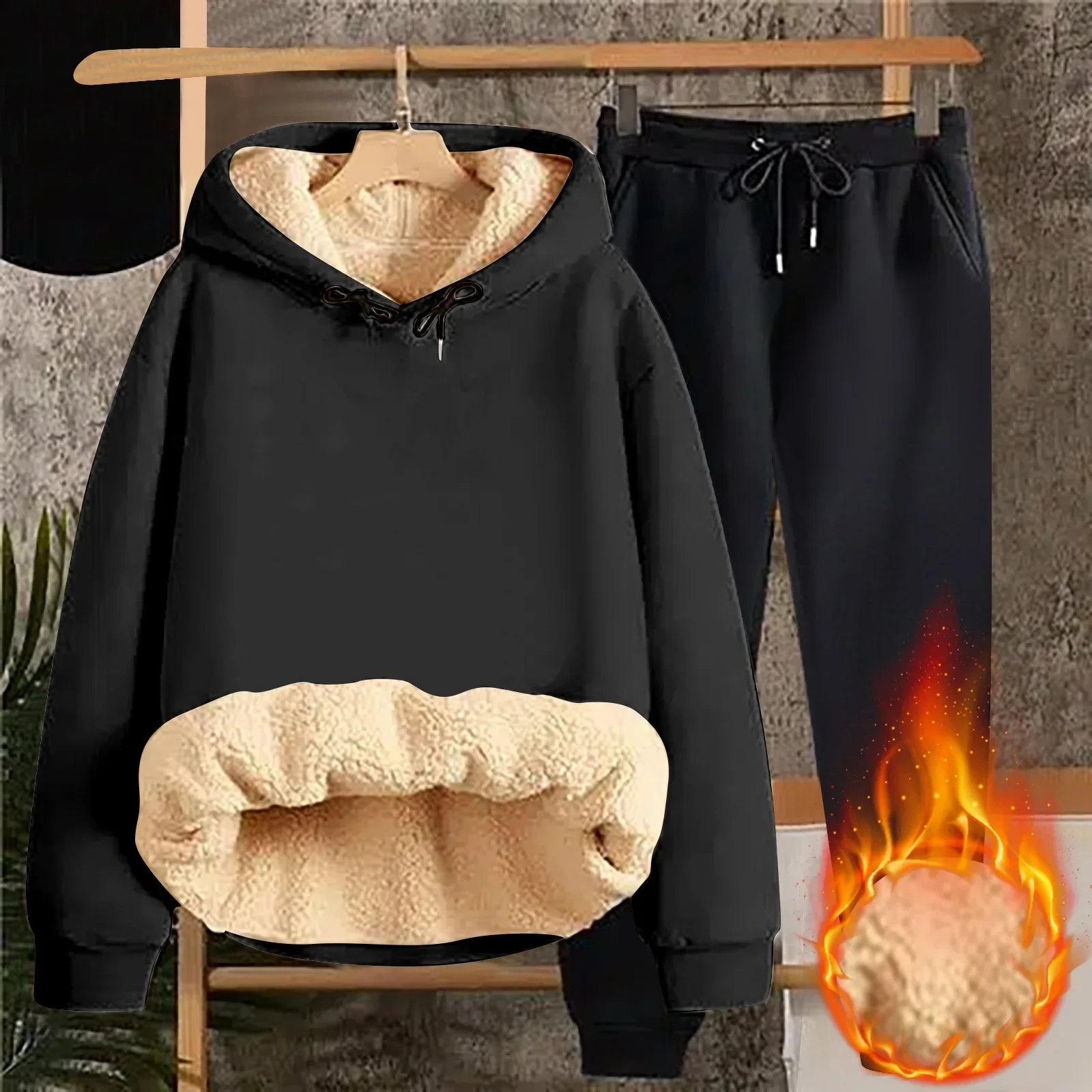 مجموعة سويت شيرت مخملي سميك من لحم الضأن للطلاب، سترة وسروال مبطنة بالصوف للخريف والشتاء، مجموعة كاملة
