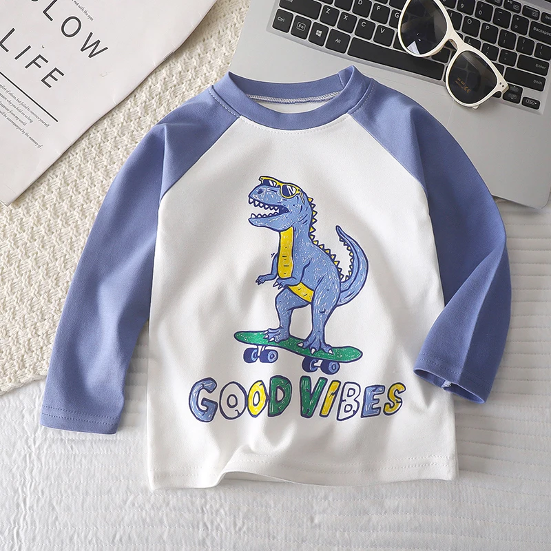 Cartoon Kids Long-sleeved Tops Cute Dinosaur Children T-shirt Spring Autumn Cotton Clothing Baby Bottoming Shirt Crewneck Blouse