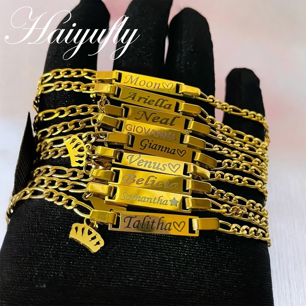 Haiyufly Engrave Name Bracelet for Women Kids Stainless Steel Jewelry Custom Figaro Chain Personalized Boys Girls Birthday Gift