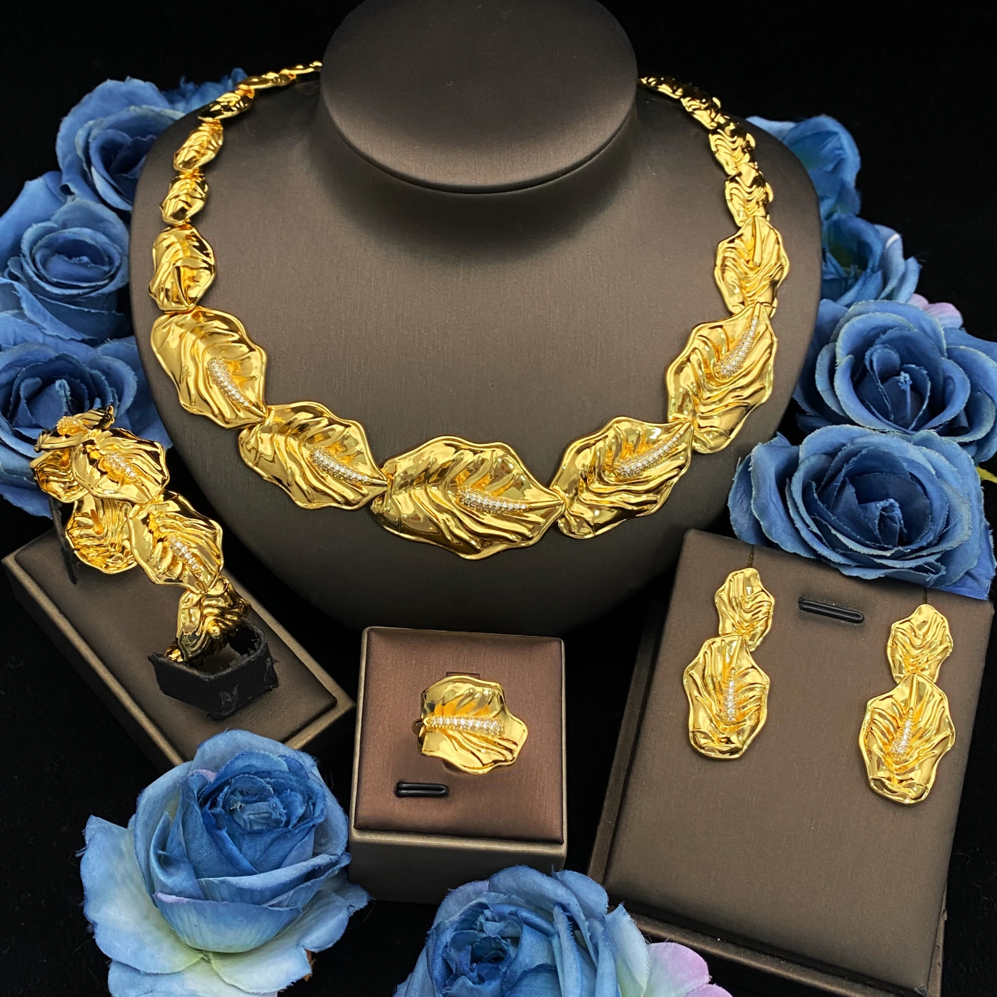 

JRH свадебный комплект ювелирных изделий из Саудовской Аравии, элитный цирконий, позолоченная латунь, ожерелье, серьги, браслет, женские ювелирные изделия в Дубае, вечерние