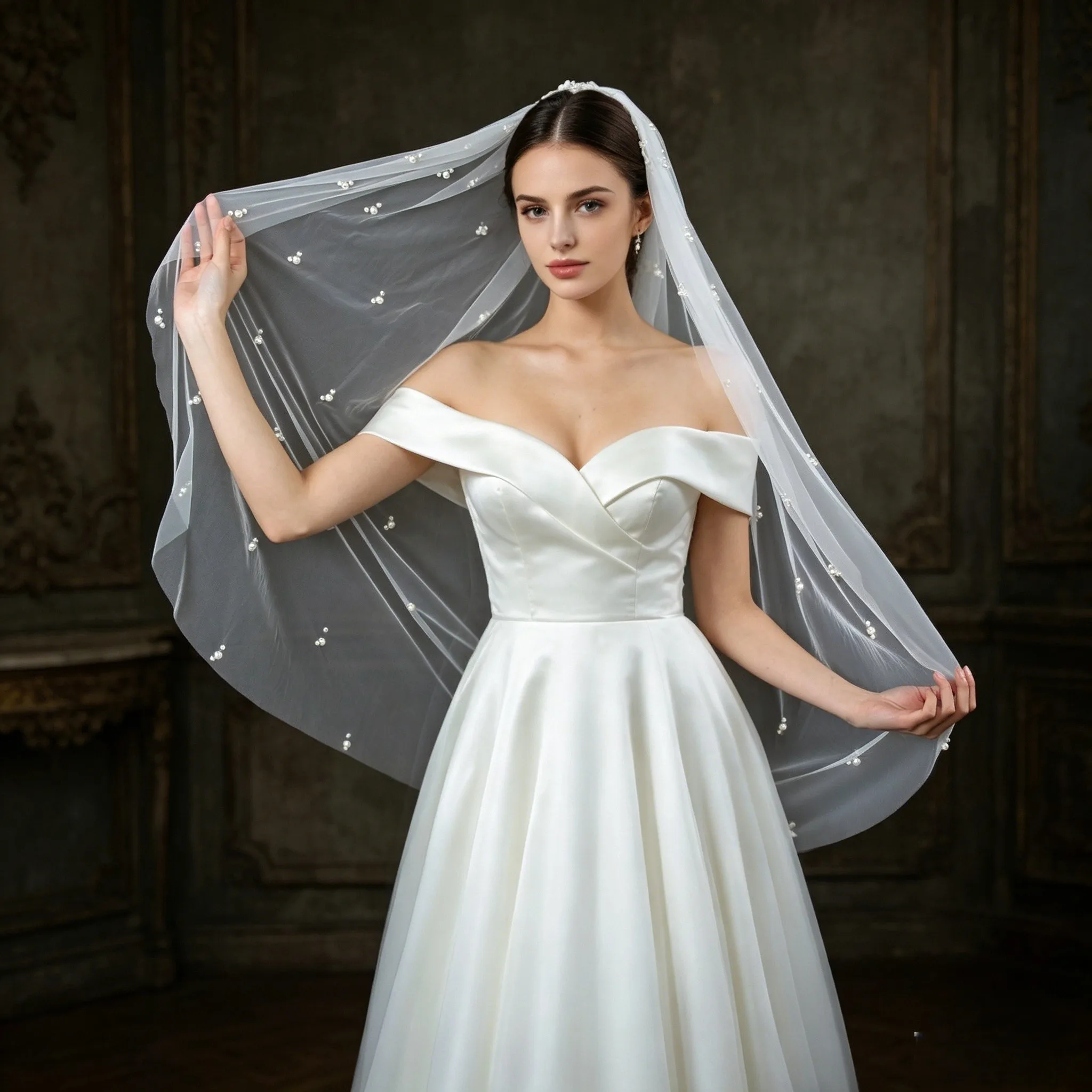

Beaded Bridal Veil Elegant Pearl Wedding Veil Soft lightweight Tulle Whit Comb Fingertip 1 Layer Bridal Accessory G100