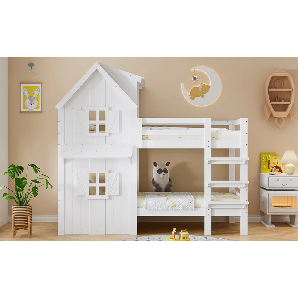 Kinder-Etagenbett mit schönem Fenster und seitlichen Sicherheitsgeländer auf dem Dach, dreistufiger gerader Leiter, stabiler Lattenrost – Detail 9
