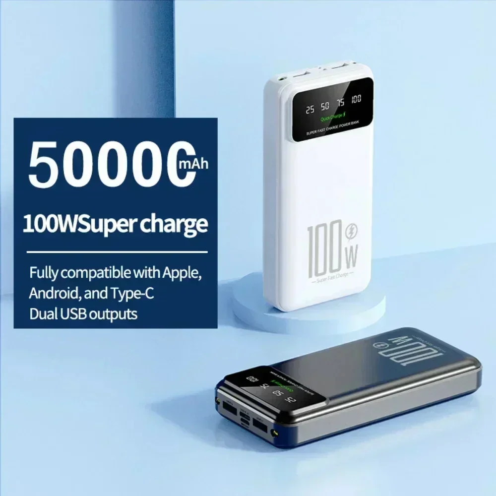 New 50000mAh Portable Power Bank 100W Fast Charger High Capacity External Battery Pack Mobile Power for iPhone Samsung Xiaomi