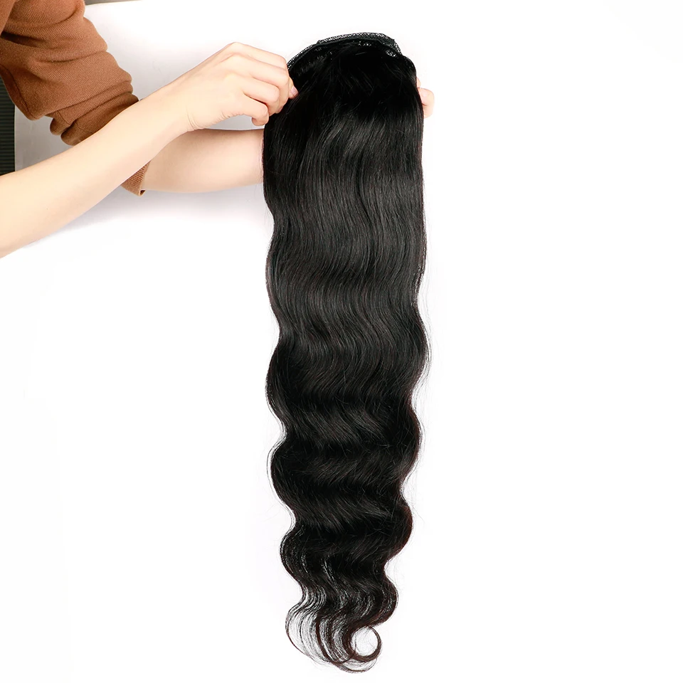 Body Wave Long Drawstring Ponytail Human Hair Extensions Peruvian Hair Clip In Remy Natural Black 2 Combs Heat Resistant Pony