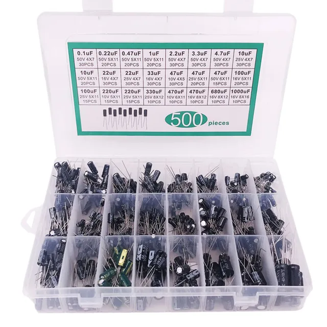 500 szt. Kondensator elektrolityczny mieszane kondensatory elektrolityczne DIP 10V 16V 25V 50V zestaw elektroniczny 0.1uF-1000uf 24 wartości elektronika