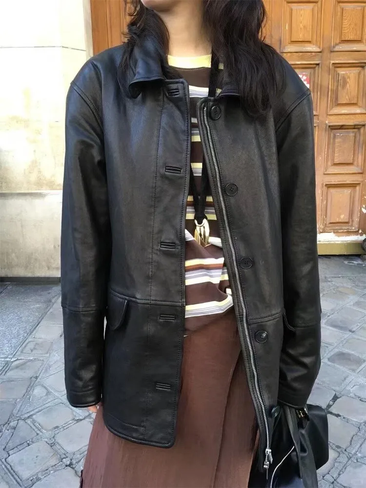 

Retro Breathe Leather Jaet Zipper Collar Women's Simple Design Mid-Length Coat Warmth Casual Daily Wear Autumn Winter New S...