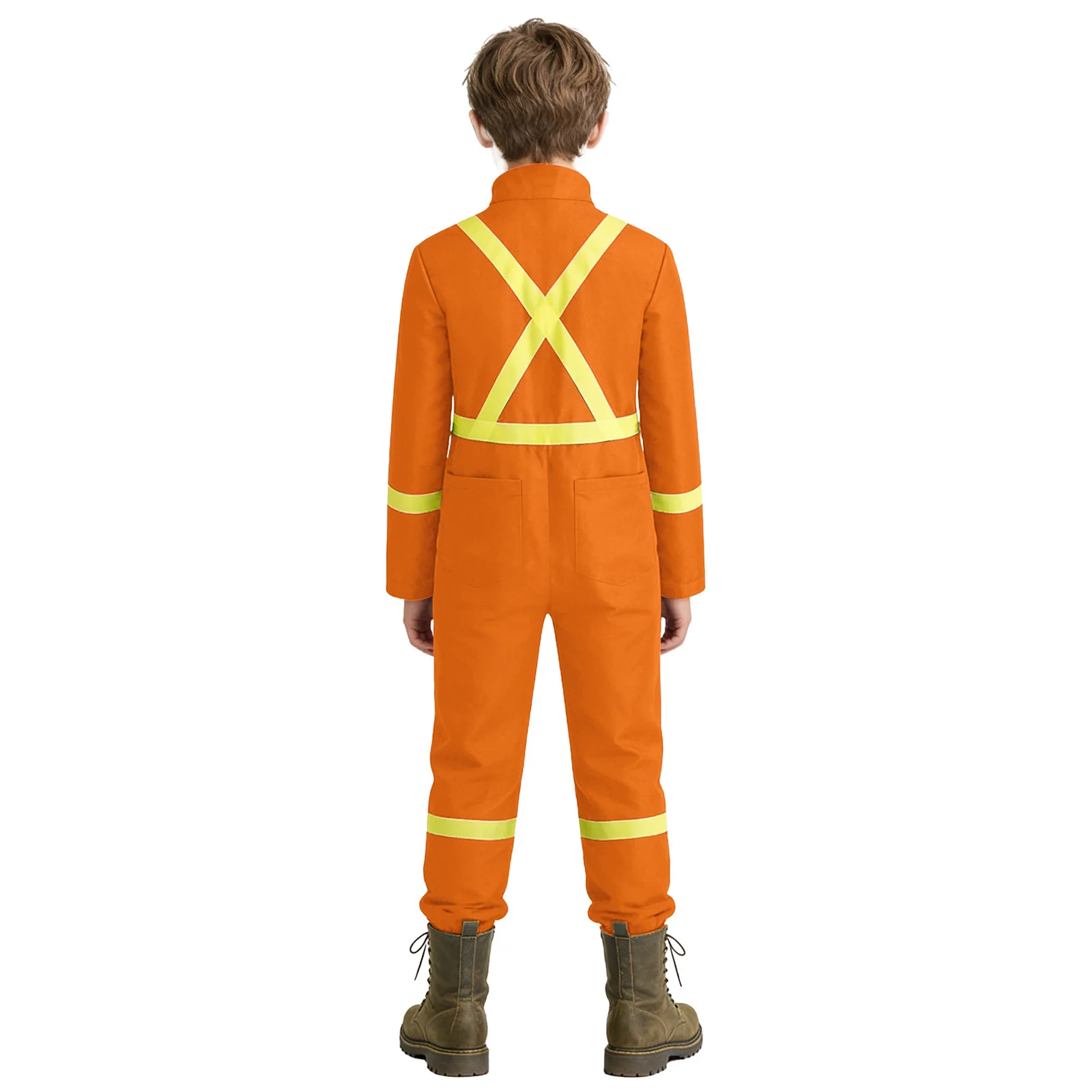 Kids Girls Boys Reflective Coverall Mock Neck Long Sleeve Zipper Closure Long Pants Jumpsuit with Pockets Work Uniform Romper
