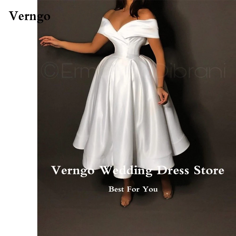 

Verngo Off the Shoulder White Satin Wedding Dresses Puff Skirt Midi Simple Bridal Gowns Robe de mariee Evening Party Dress