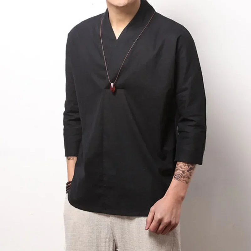 Chinese Style Male Tshirt Casual Streetwear Men Linen Cotton Loose Blouse Traditional Kung Fu Outfit Hanfu Wu Shu Tee Tops 1 MN1