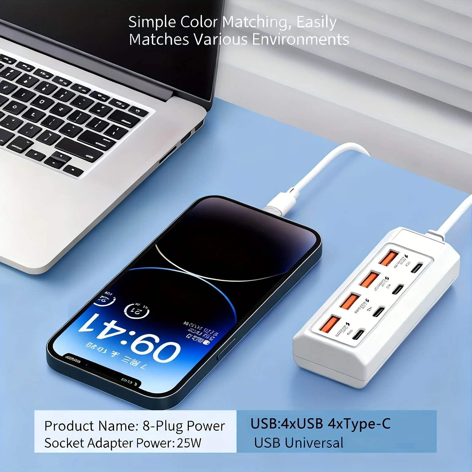 25W USB Fast Charging Power Outlet 8 in 1 Type C PD Hub Multi-Port Socket Powered for IPhone Samsung Xiaomi Huawei Phone Adapter