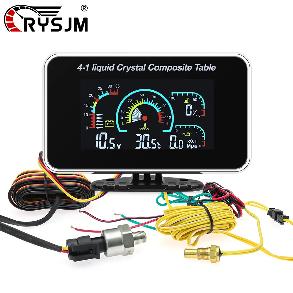 4 In 1 Car Oil Press + Voltage + Water Temp + Fuel Level Auto Digital Gauge LCD Display Meter With 1/8 NPT Sensor For All Car