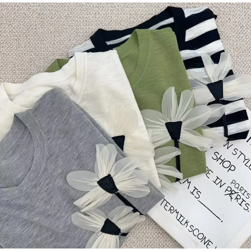 Flower Knitted Women's Top Fresh T-shirt Casual Bottom Pullover