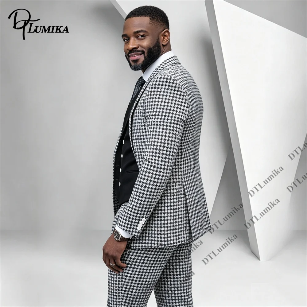Classic Houndstooth Men 3 Piece Suit Checked Blazer Black Waistcoat Pants Business Interview Smart Casual Banquet Retro Suit Set