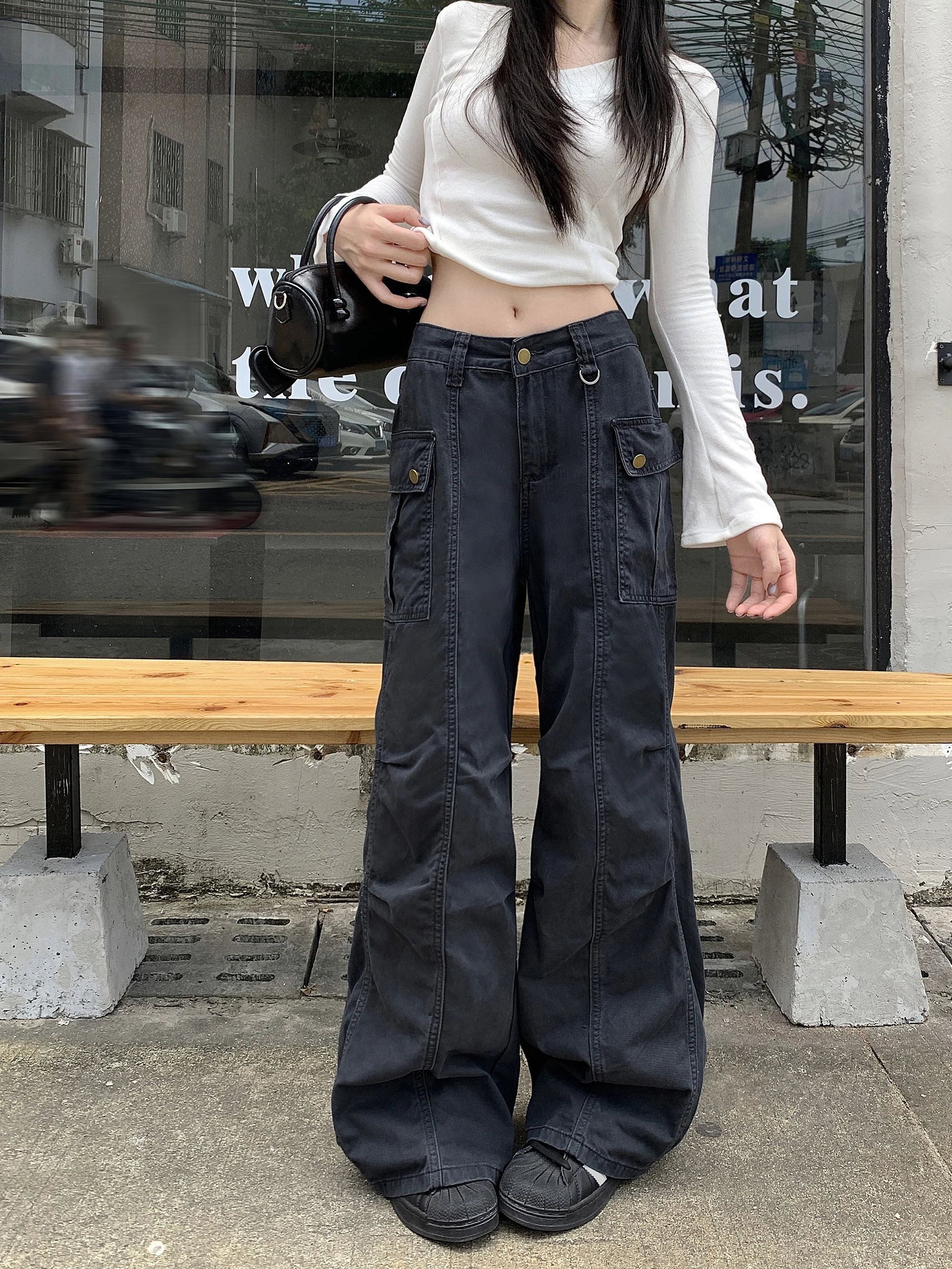 Women's Black Gothic Denim Pants Cargo Baggy Y2K Japanese Harajuku High Street Aesthetic Fashion Retro Wide Leg Jeans Clothing
