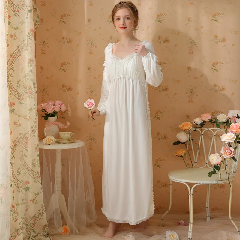 

Spring Autumn Solid Cotton Square Collar Lace Trim O-Neck Losse Nightgowns Sleepwear Princess Nightwear Women Homewear