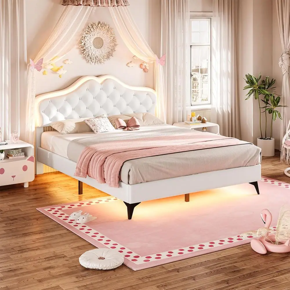 Queen Size Upholstered Bed Frame with LED Lighting, Crystal Button Headboard, Girls' Princess Platform Bed, Solid Wood Slat Supp