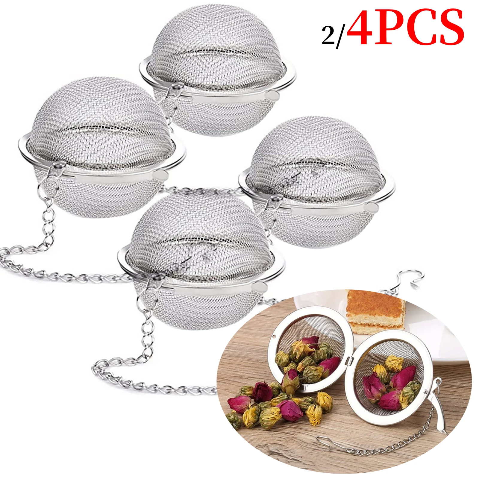 2/4PC Stainless Steel Tea Ball Mesh Infuser Strainers Tea Filter Interval Diffuser Tea Ball Loose Leaf Tea Strainer Kitchen Tool