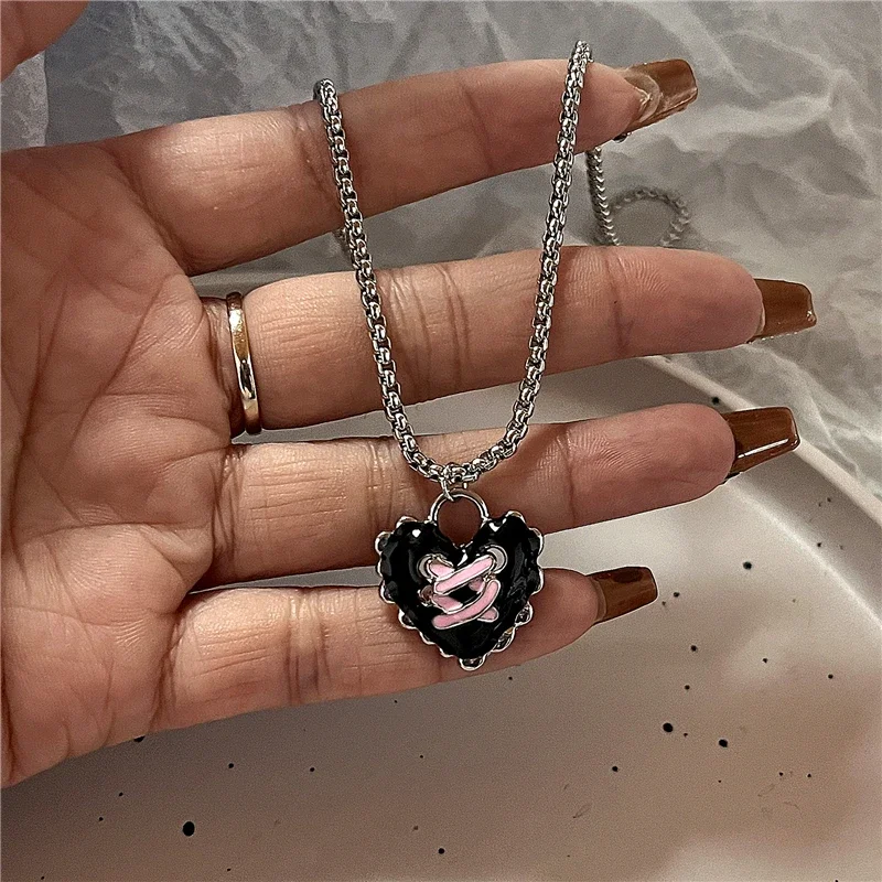 Kpop Gothic Punk Pink Cross Heart Bowknot Pendant Chain Necklace Women Charm Vintage Aesthetic Y2k EMO 2000s Jewelry Accessories