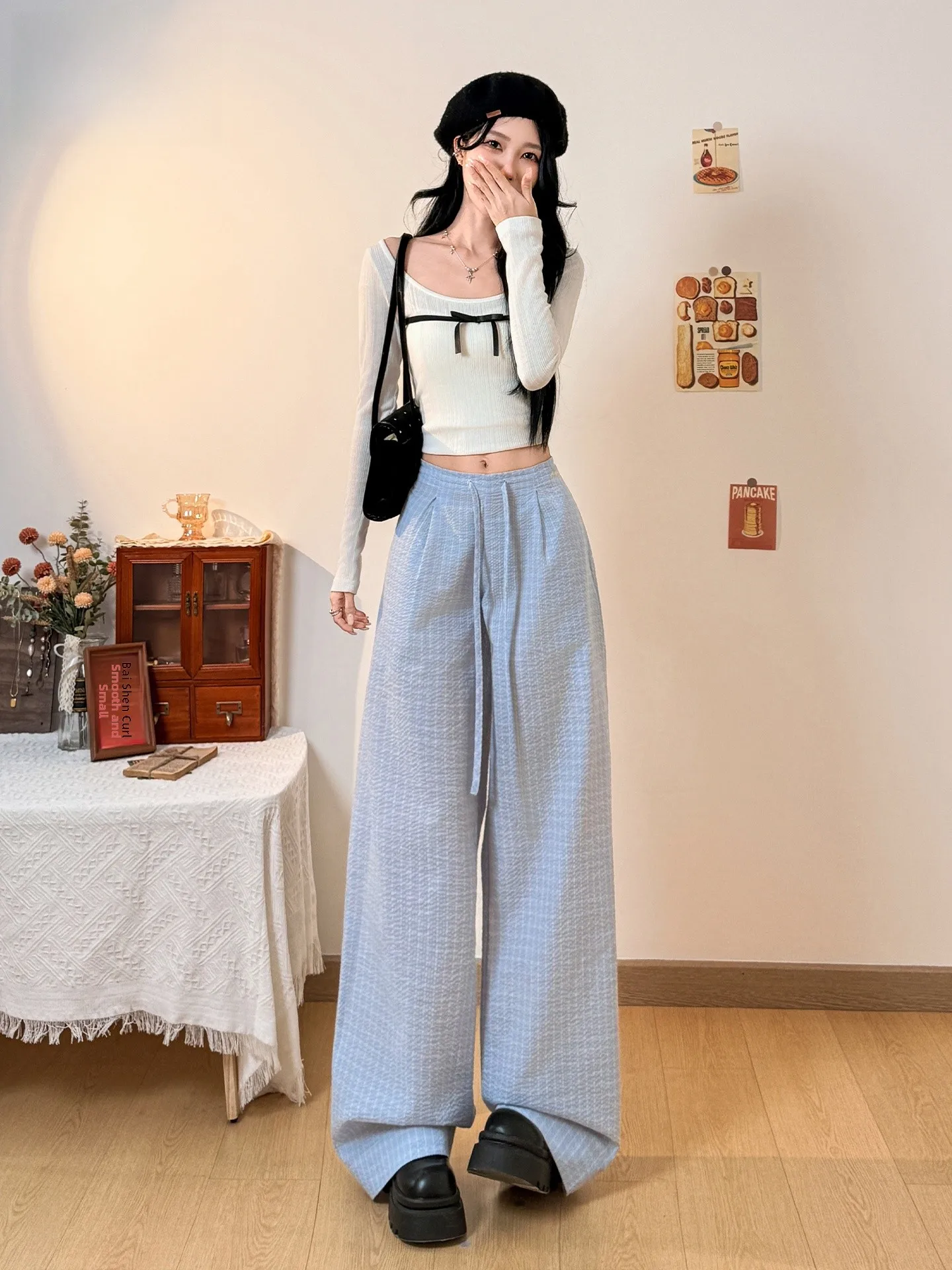 

Светло-голубые женские повседневные брюки в американском ретро-стиле в клетку, на шнурке, широкие, свободные, стройнящие, летние, новинка