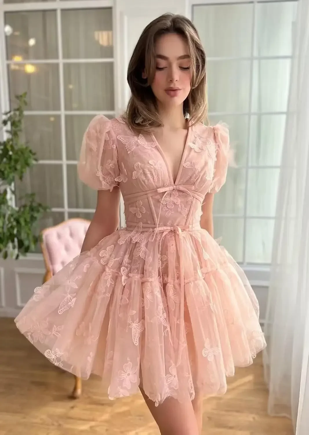 Custom make 3D Butterfly Tulle Homecoming Dresses for Teens A-Line Short Sleeve Prom Cocktail Dress with Butterfly Appliques