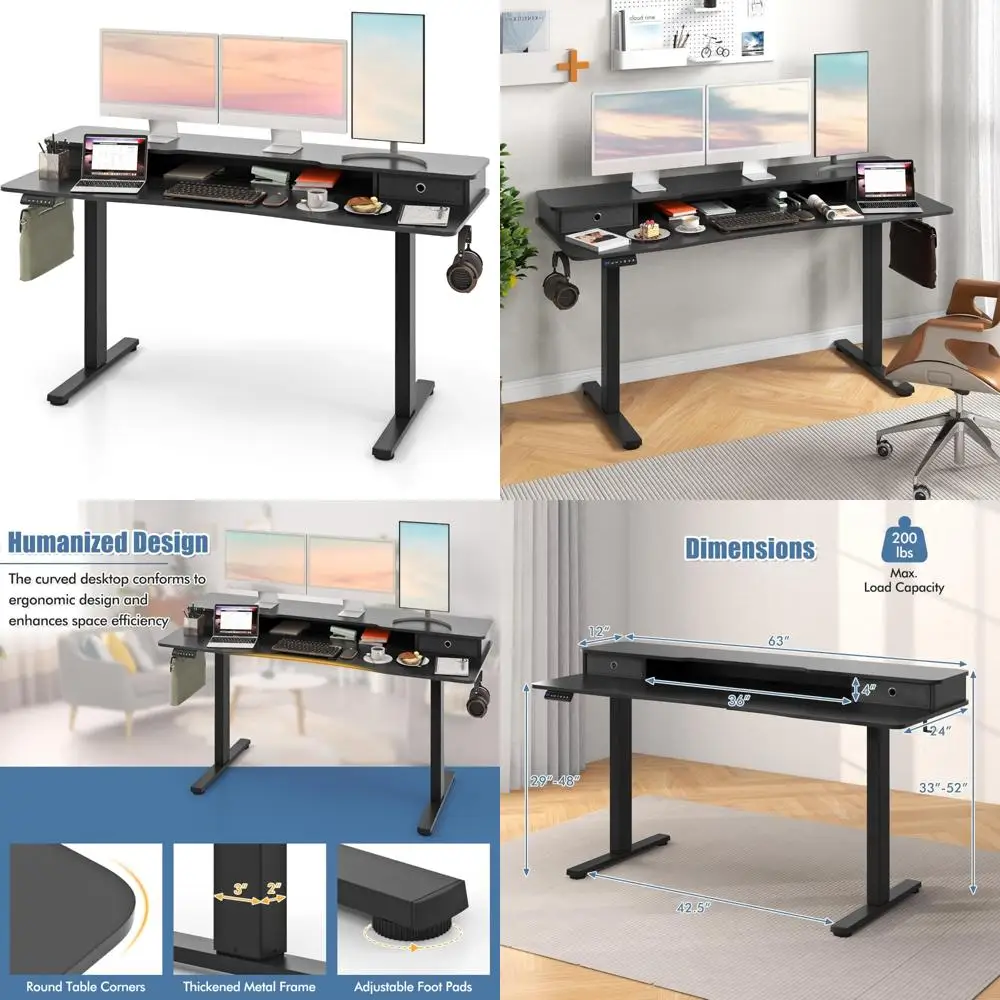 مكتب كهربائي قابل لضبط الارتفاع مع درجين، 63 بوصة × 24 بوصة، رف تخزين، 3 أوضاع للذاكرة #1