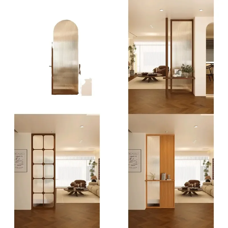 Modern Retro Solid Wood Fluted Glass Partition Screen New Chinese Style Entryway Divider for Living Room Front Door Blocking