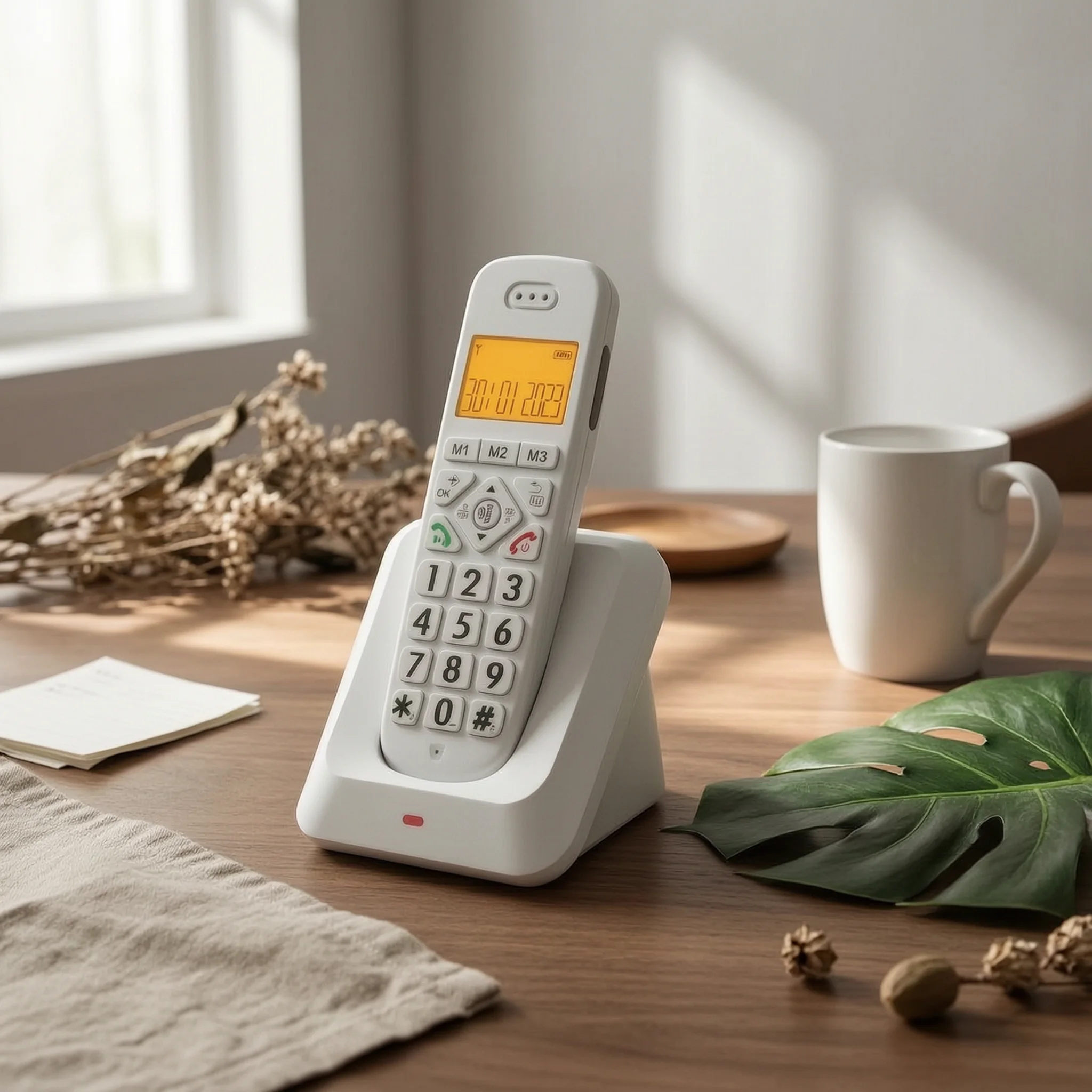 Digital Cordless Telephone Raised Number Buttons Landline Cordless Phone Desktop Phone Handset Slanted Cradle