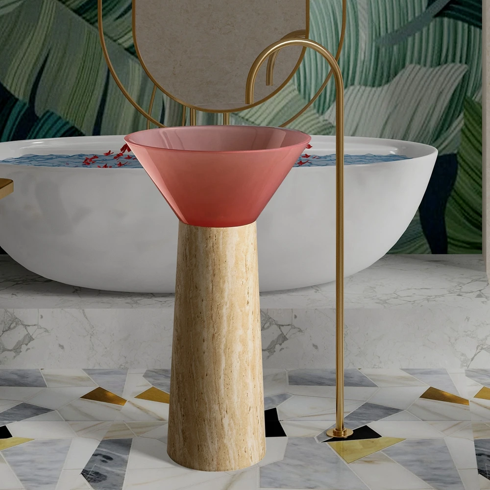 S*& Designer's Favorite Bathroom Basin PInk Resin Wash Basin Transparent Wash Basin with Artificial Stone Pedestal Wash Sink